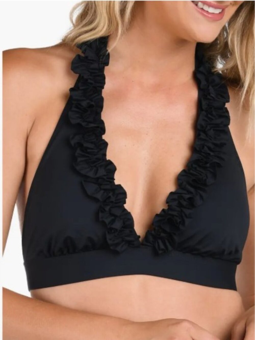 NWT - La Blanca Island Goddess Ruffle Halter Bikini Top in Black - Sz 4
